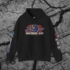 The Future Does Not Need Permission cyberpunk graphic hoodie displayed flat on a dark concrete background with coordinated sleeve artwork