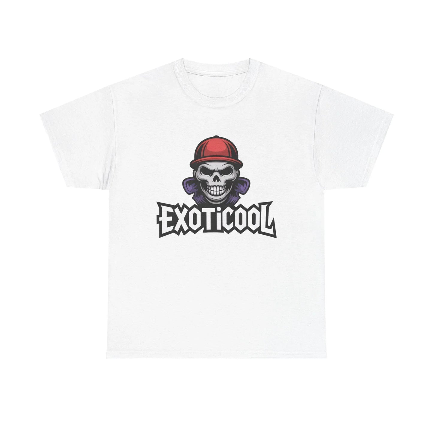 White t-shirt with EXOTICOOL logo and skull in red cap graphic print