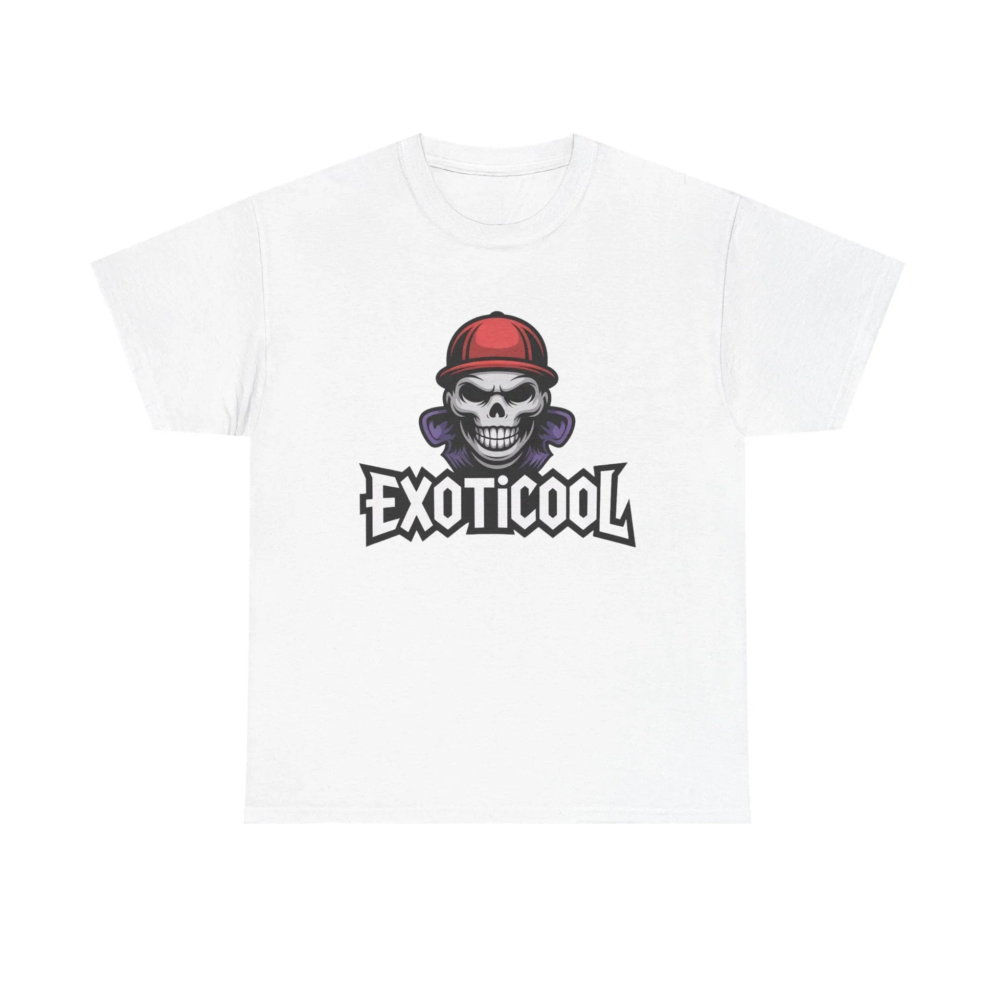 White t-shirt with EXOTICOOL logo and skull in red cap graphic print