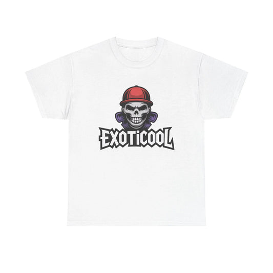 White t-shirt with EXOTICOOL logo and skull in red cap graphic print