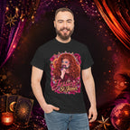 Man wearing the Jessica St. James black heavy cotton graphic tee in a dramatic stage-inspired setting