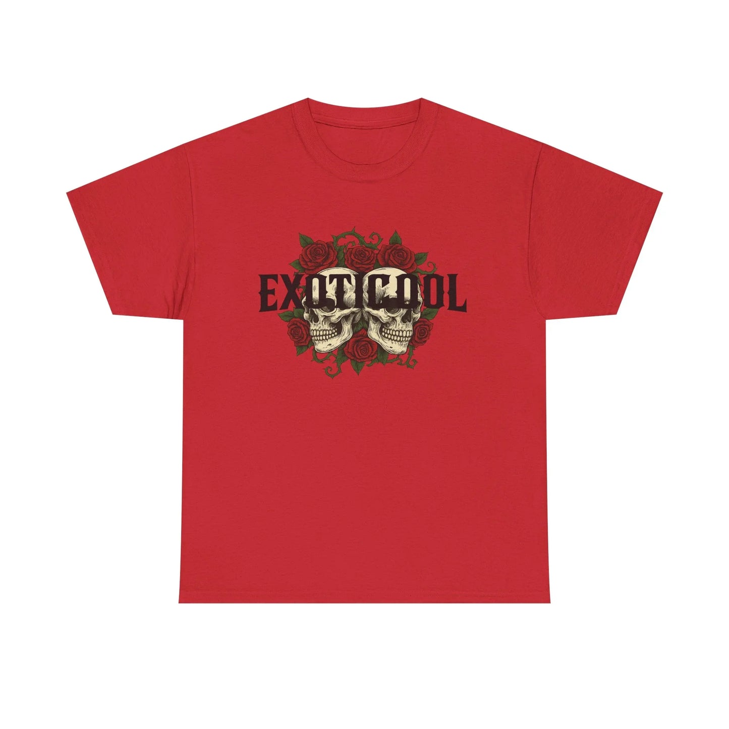 Red graphic t-shirt with EXIT COOL text, skulls, and roses design