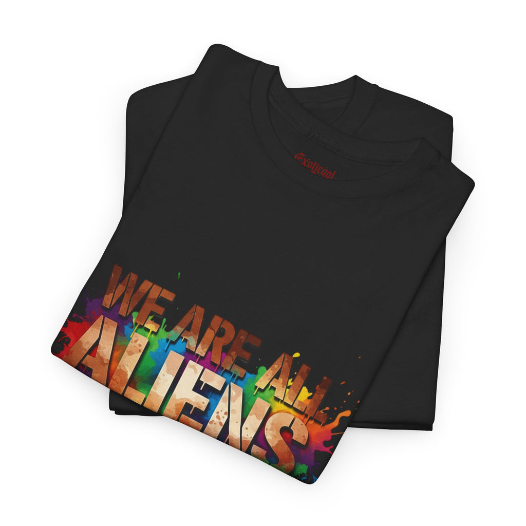 Alien Pride T‑Shirt — "We Are All Aliens Here" Colorful Drip Graphic Tee