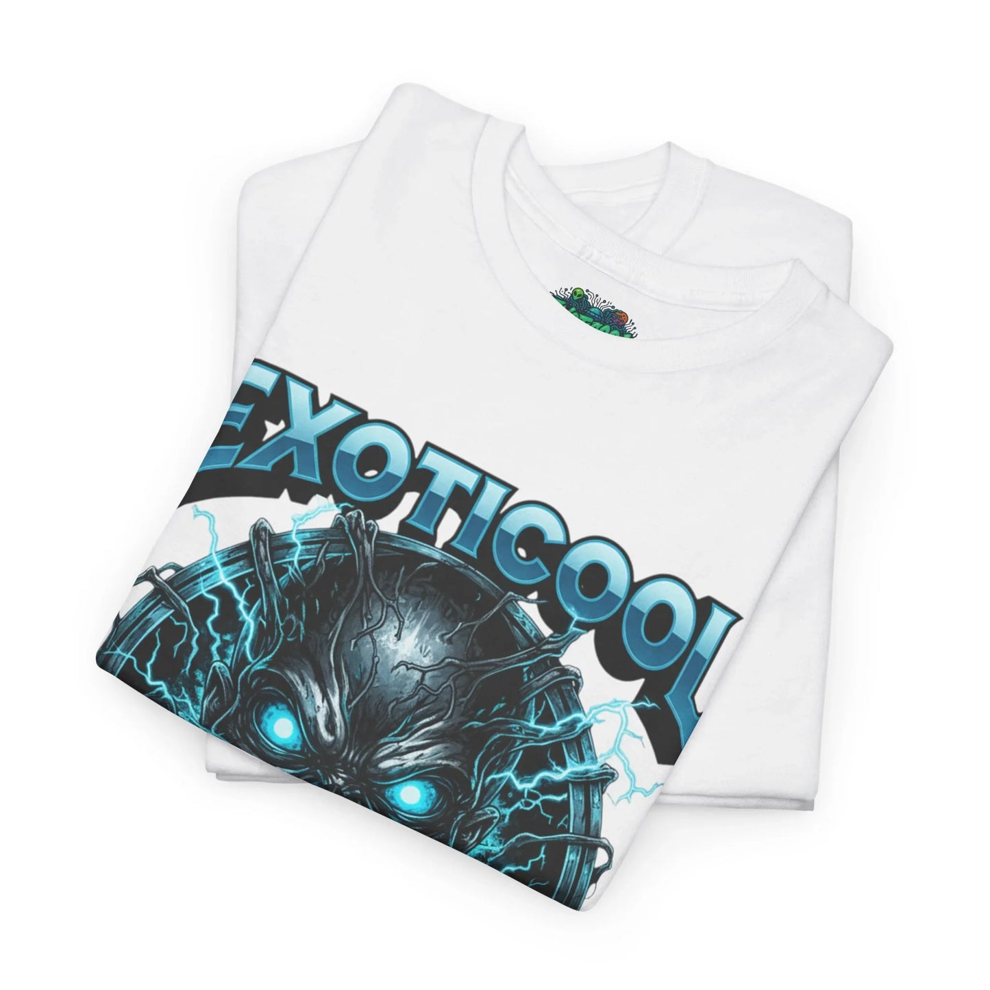 White EXOTICOOL graphic tee with blue neon robot face and folded design