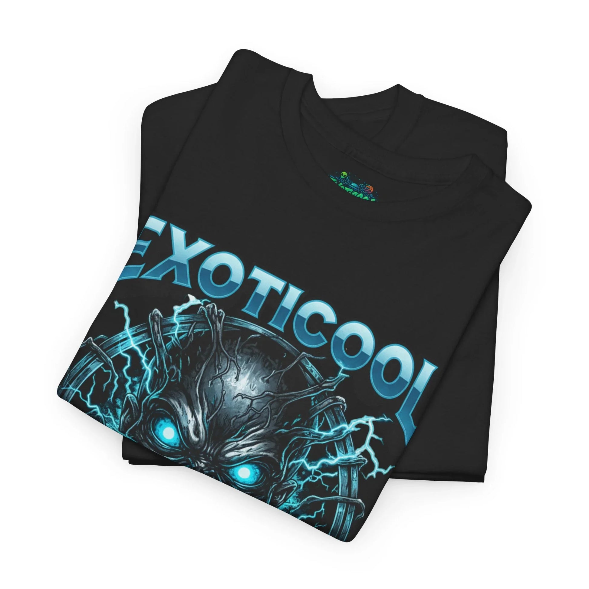 Folded black EXOTICOOL t-shirt featuring glowing blue cyborg face and electric design