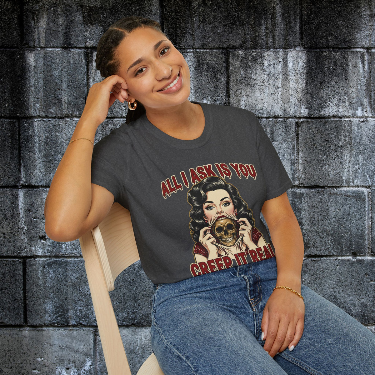 Model wearing the All I Ask Is You Creep It Real Halloween graphic tee in dark heather