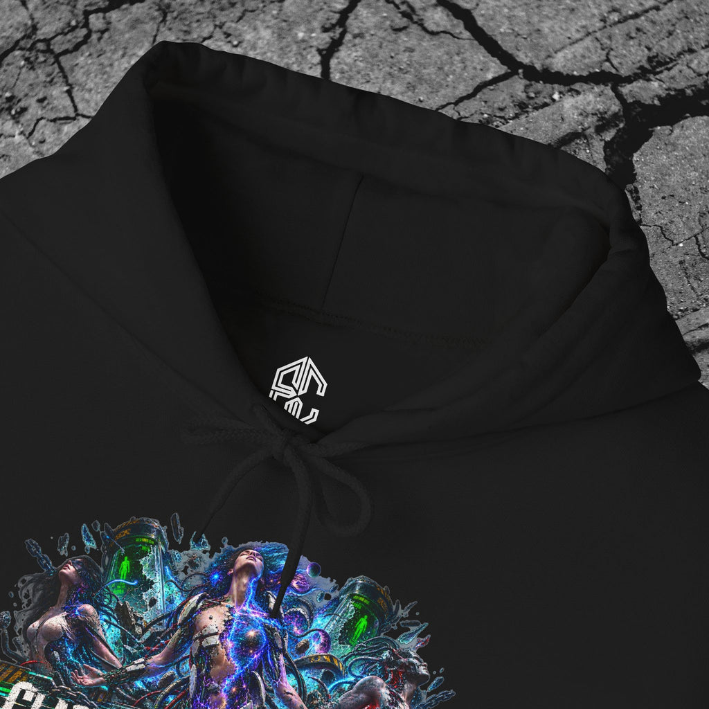 Close-up of the We Outgrew the System hoodie collar, Exoticool inner label and detailed Classification Failed chest artwork