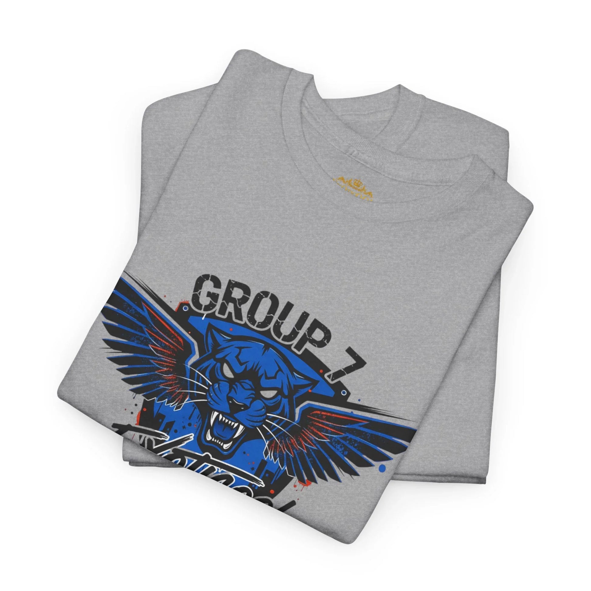 Gray Group 7 t-shirt with blue panther and wings graphic, folded on white background
