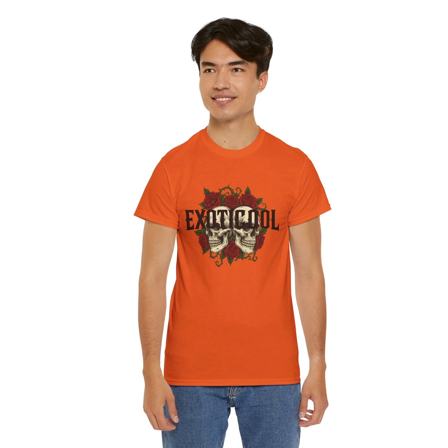 Man wearing orange t-shirt with skull and rose EXOTICOOL graphic design