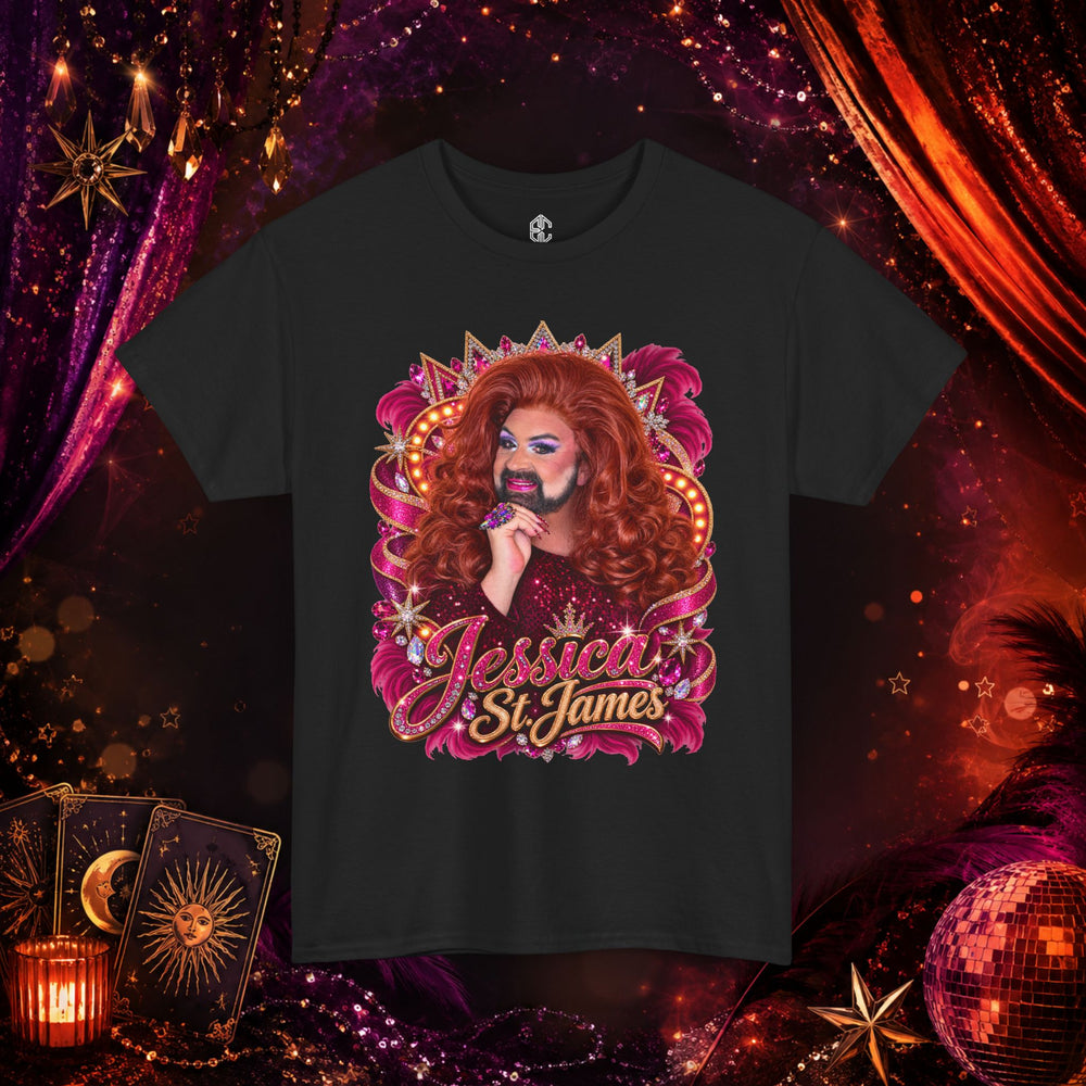 Black Jessica St. James heavy cotton graphic tee with glamorous pink, gold and red portrait artwork