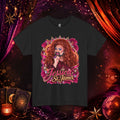 Black Jessica St. James heavy cotton graphic tee with glamorous pink, gold and red portrait artwork