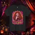 Black Jessica St. James heavy cotton graphic tee with glamorous pink, gold and red portrait artwork
