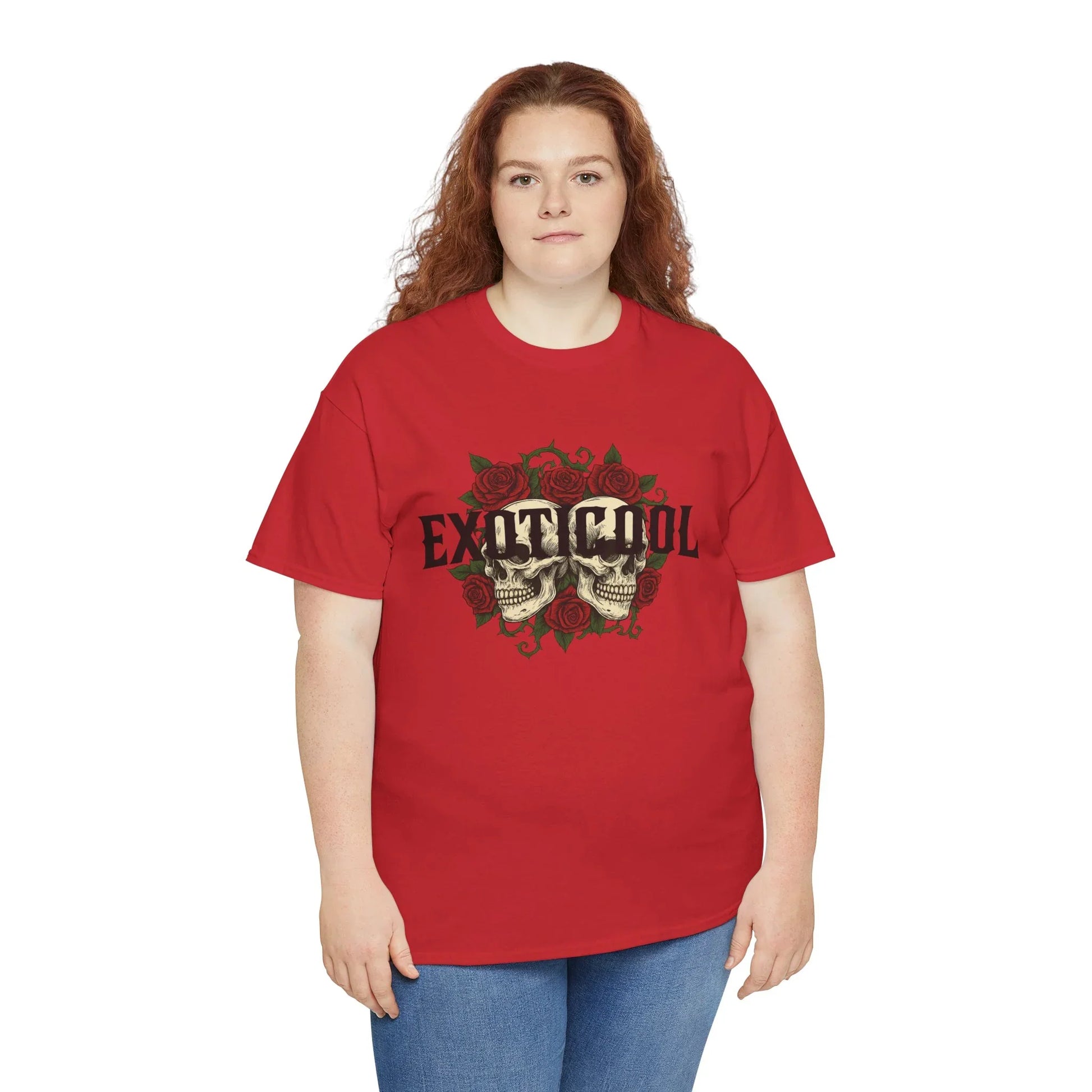 Woman in red EXOTIC COOL skull and roses graphic t-shirt, plus size fashion