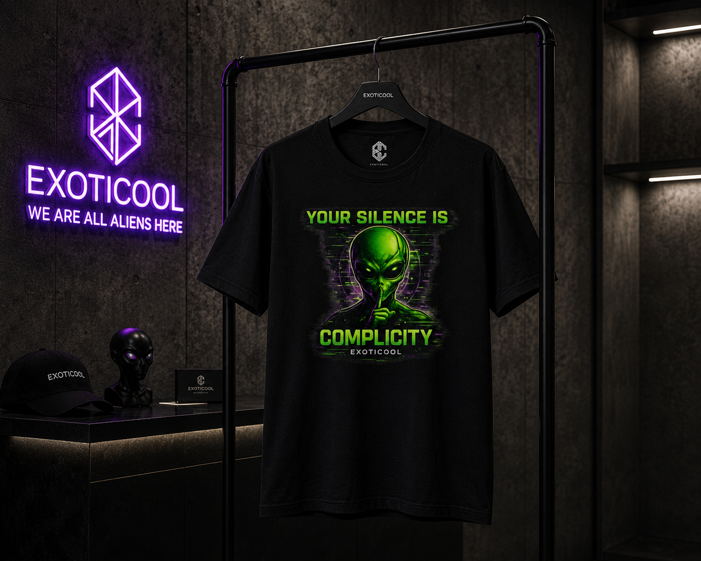 Black Your Silence Is Complicity graphic tee displayed on a rack in a dark boutique.