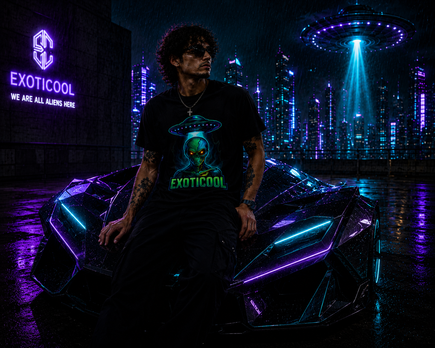Model seated on a futuristic concept car wearing the alien signal graphic tee in neon rain.
