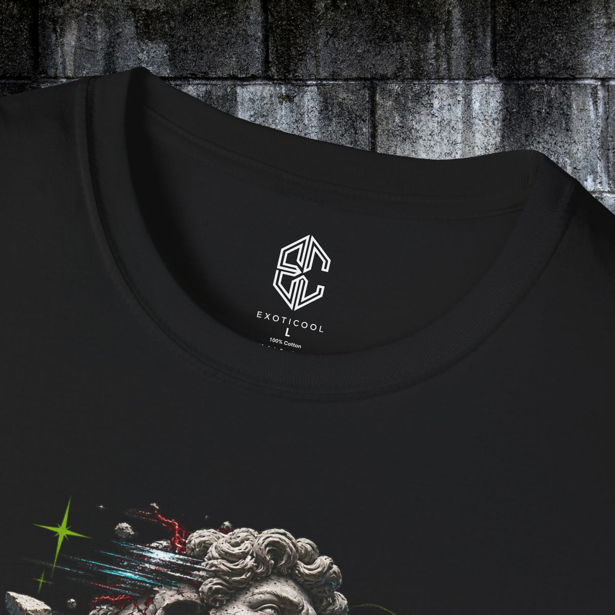 Close-up of black ring-spun cotton tee collar and fractured human front graphic