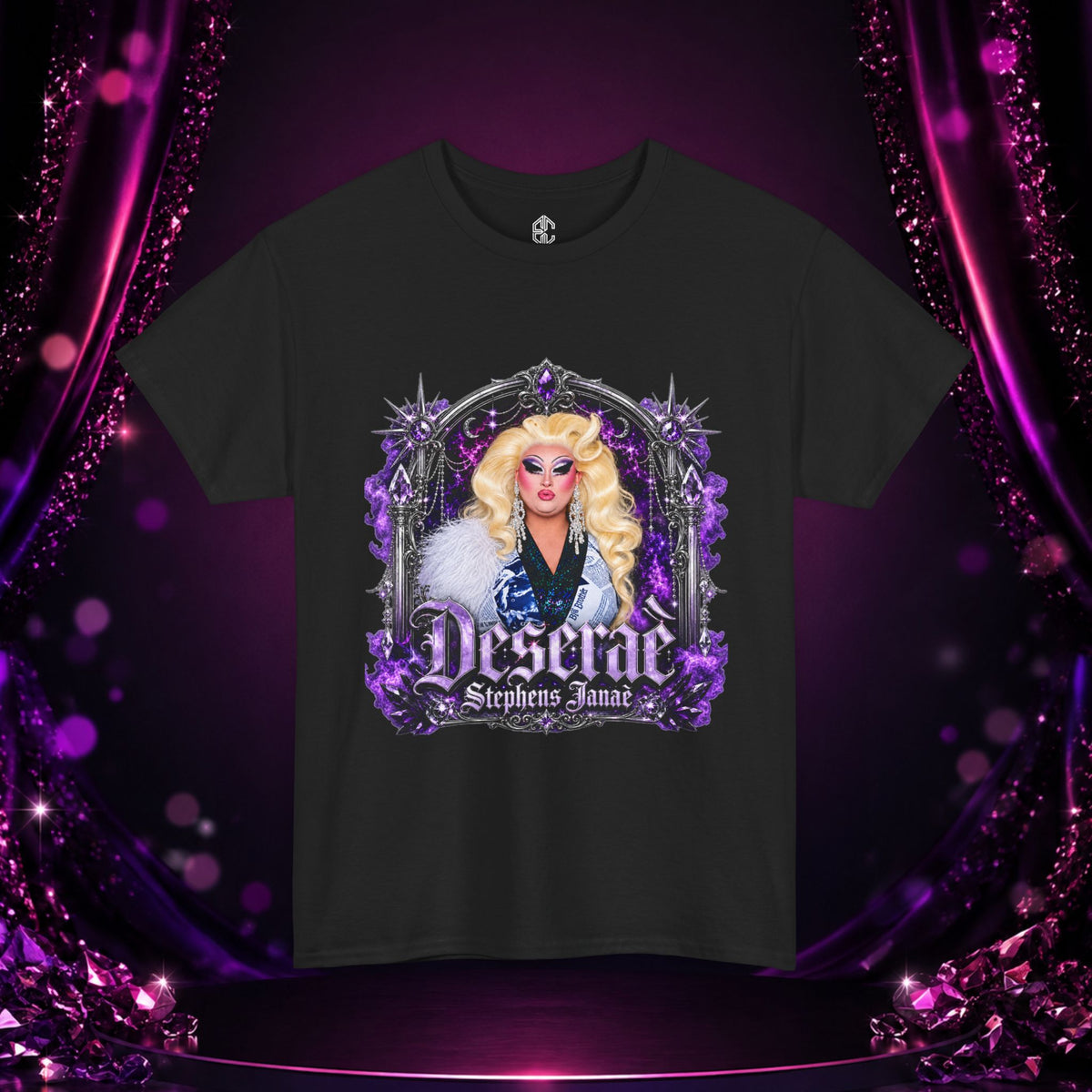 Black Deseraè Stephens Janaè Purple Reign Glamour Portrait Tee with purple jeweled drag artwork on a sparkling stage backdrop