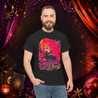 Model wearing the black Jessica St. James Glamour Portrait Tee against a theatrical red and purple backdrop