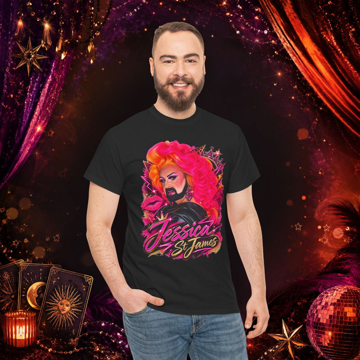 Model wearing the black Jessica St. James Glamour Portrait Tee against a theatrical red and purple backdrop