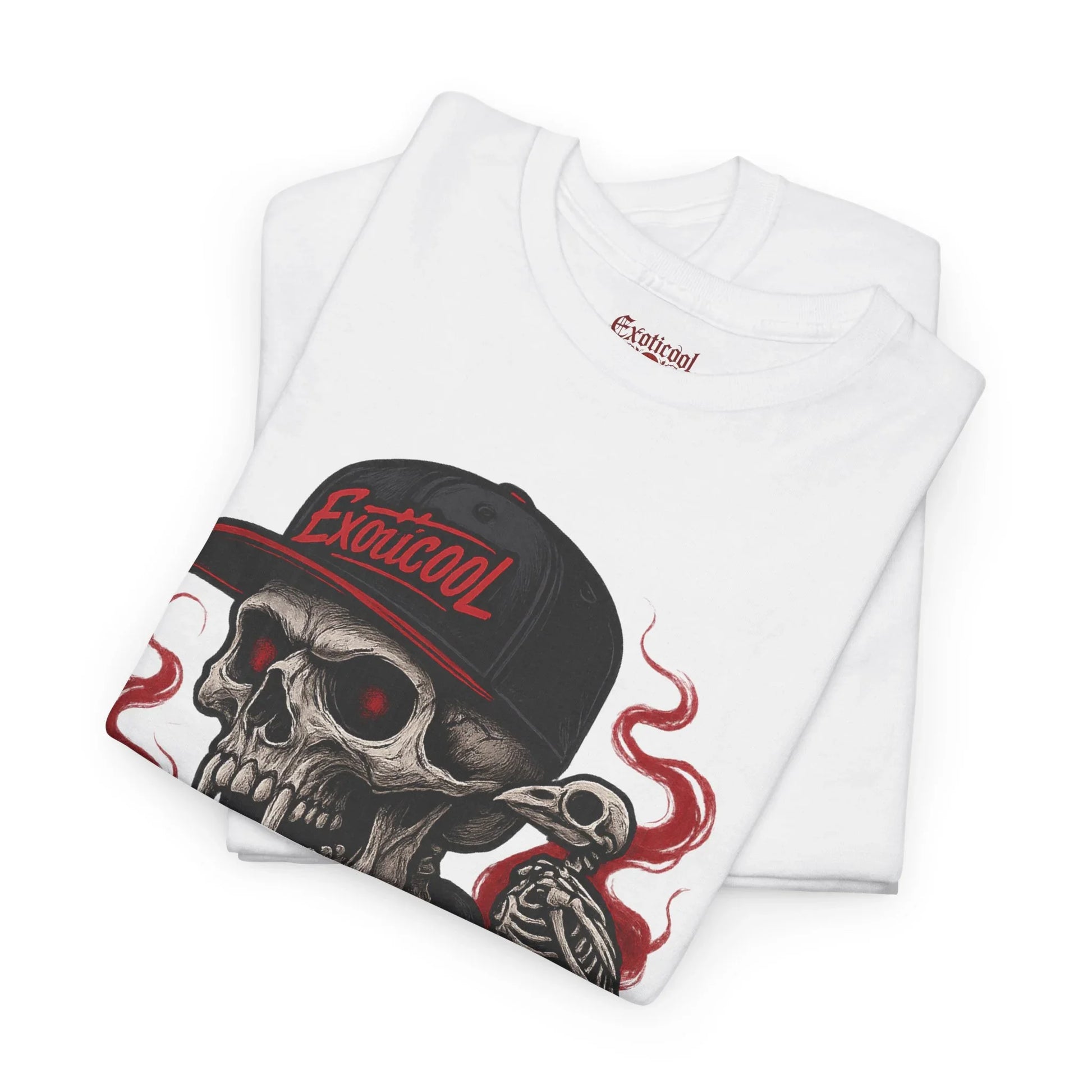 White Exaticool t-shirt with skull and bird skeleton graphic, red accents, folded neatly