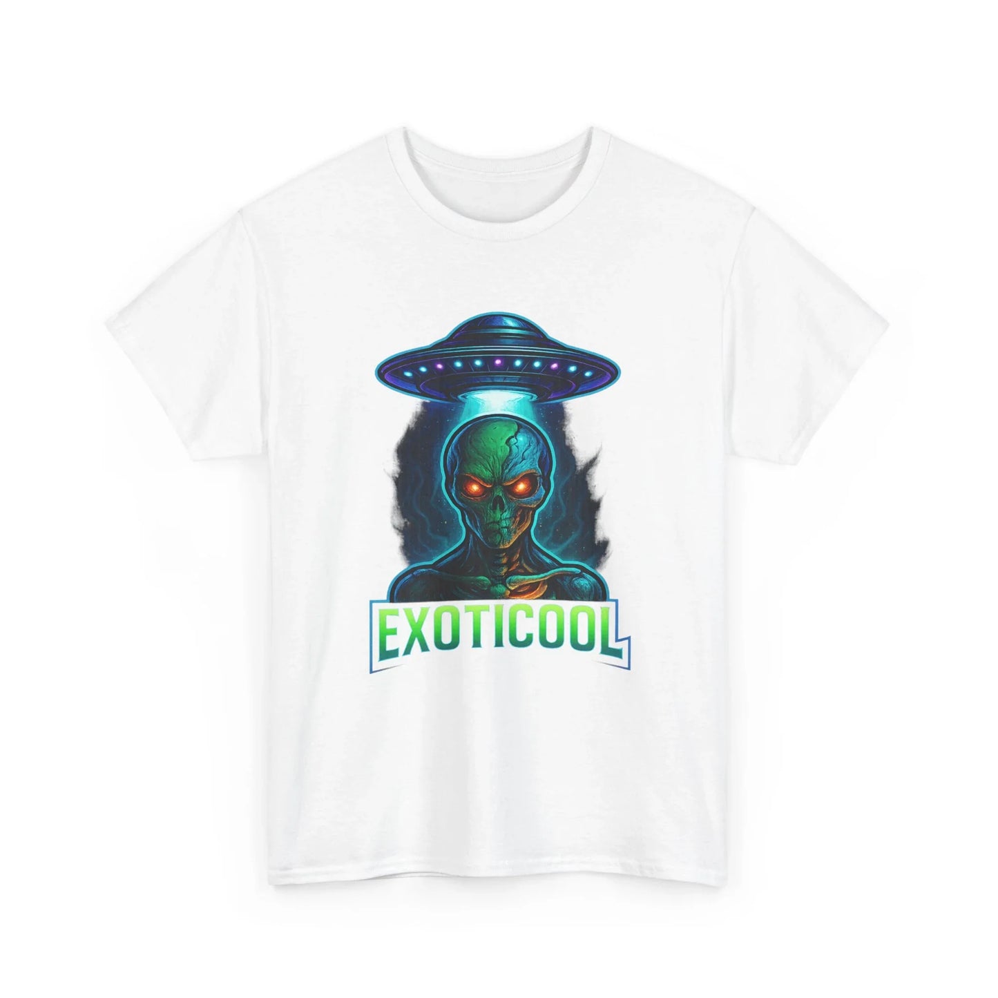 White t-shirt with green alien and UFO graphic, EXOTICOOL text, alien apparel