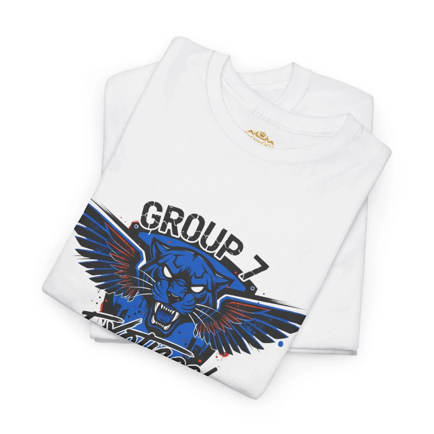 Folded white t-shirt with blue panther and wing graphic, Group 7 text, bold design