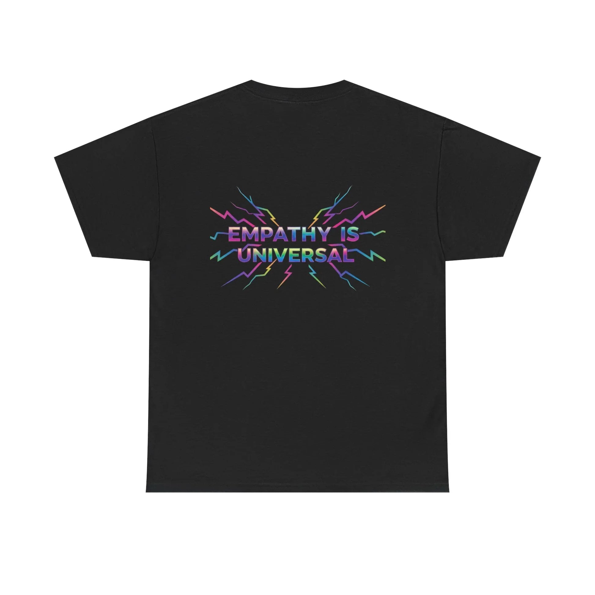 Black t-shirt with colorful 'Empathy Is Universal' text and lightning graphic on back
