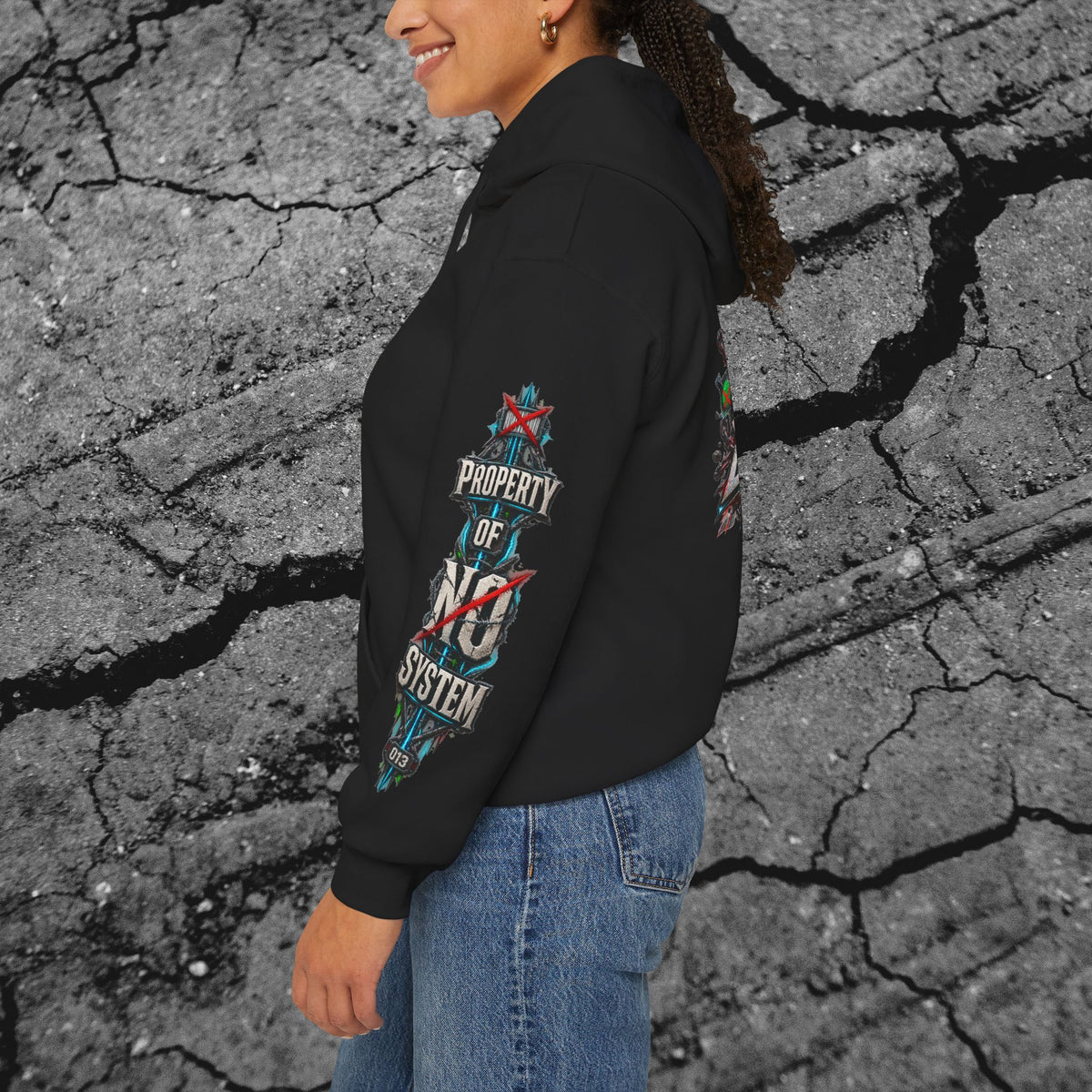 Side view of the cyberpunk hoodie showing the vertical Existence Self-Owned right-sleeve print