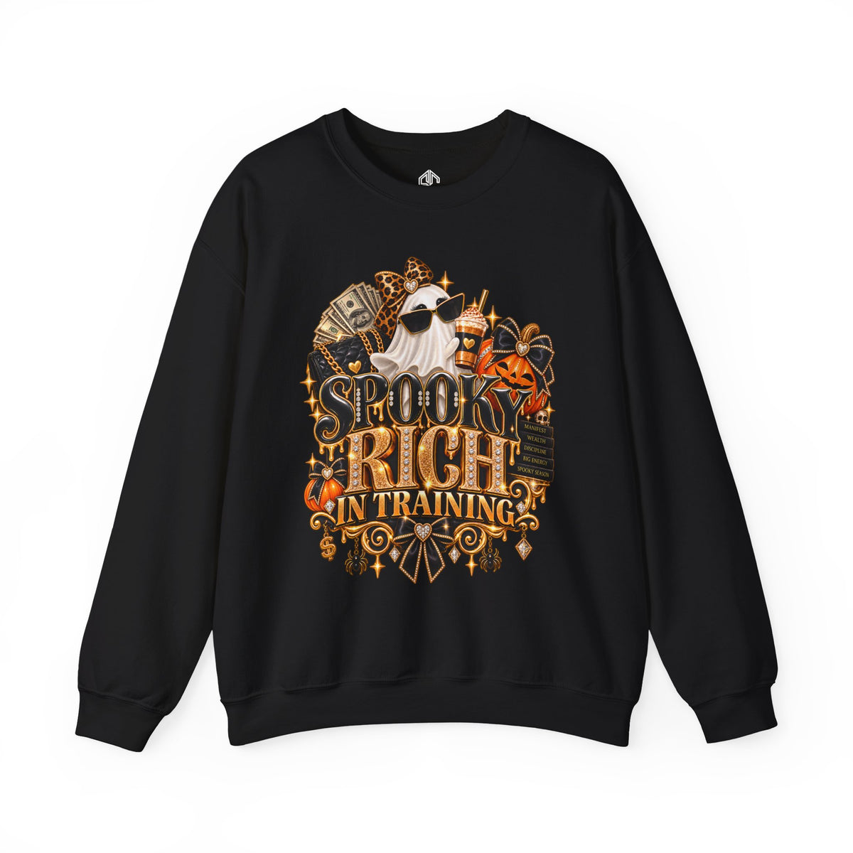 Black Spooky Rich in Training crewneck sweatshirt with vintage Halloween skeleton and pumpkin graphic