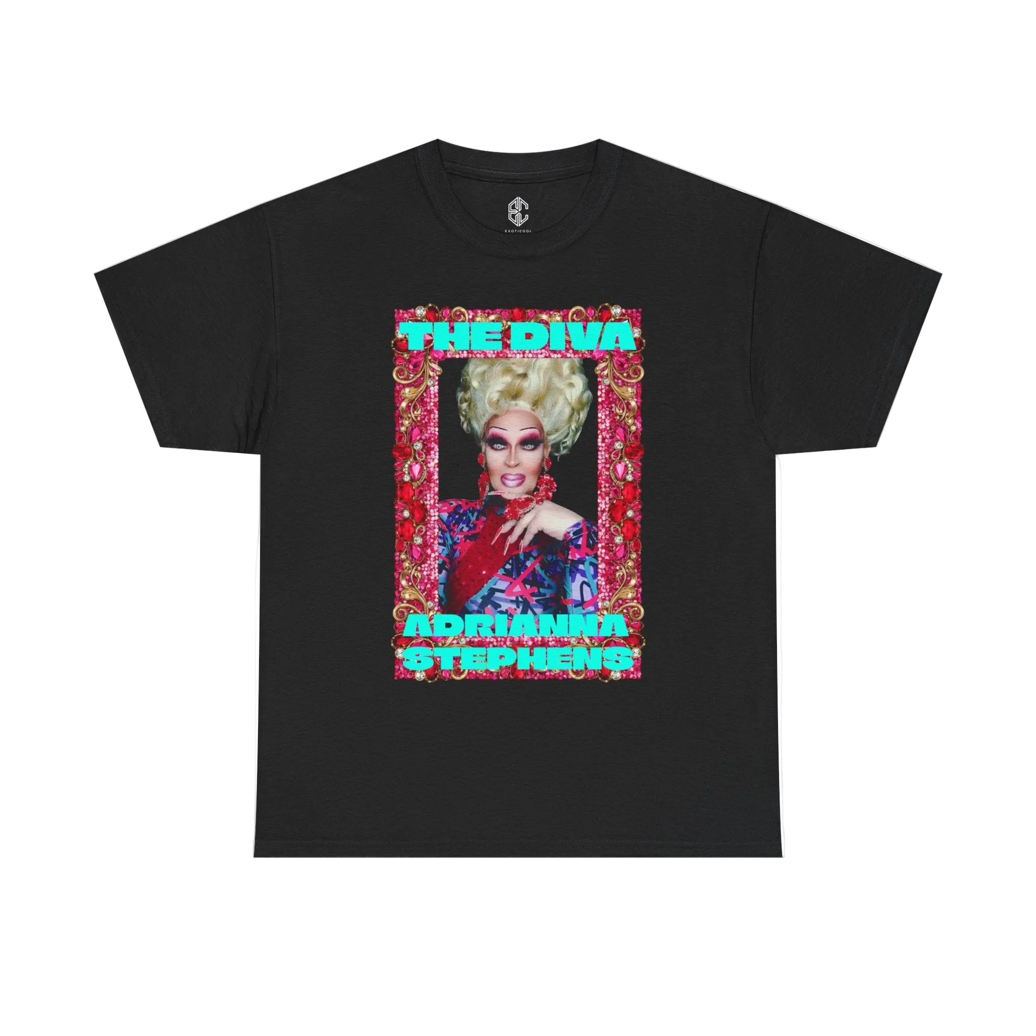 Black Adrianna Stephens The Diva graphic tee with colorful portrait art and turquoise lettering.