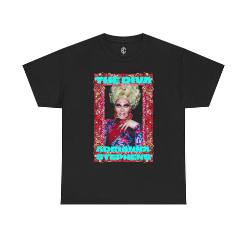 Black Adrianna Stephens The Diva graphic tee with colorful portrait art and turquoise lettering.