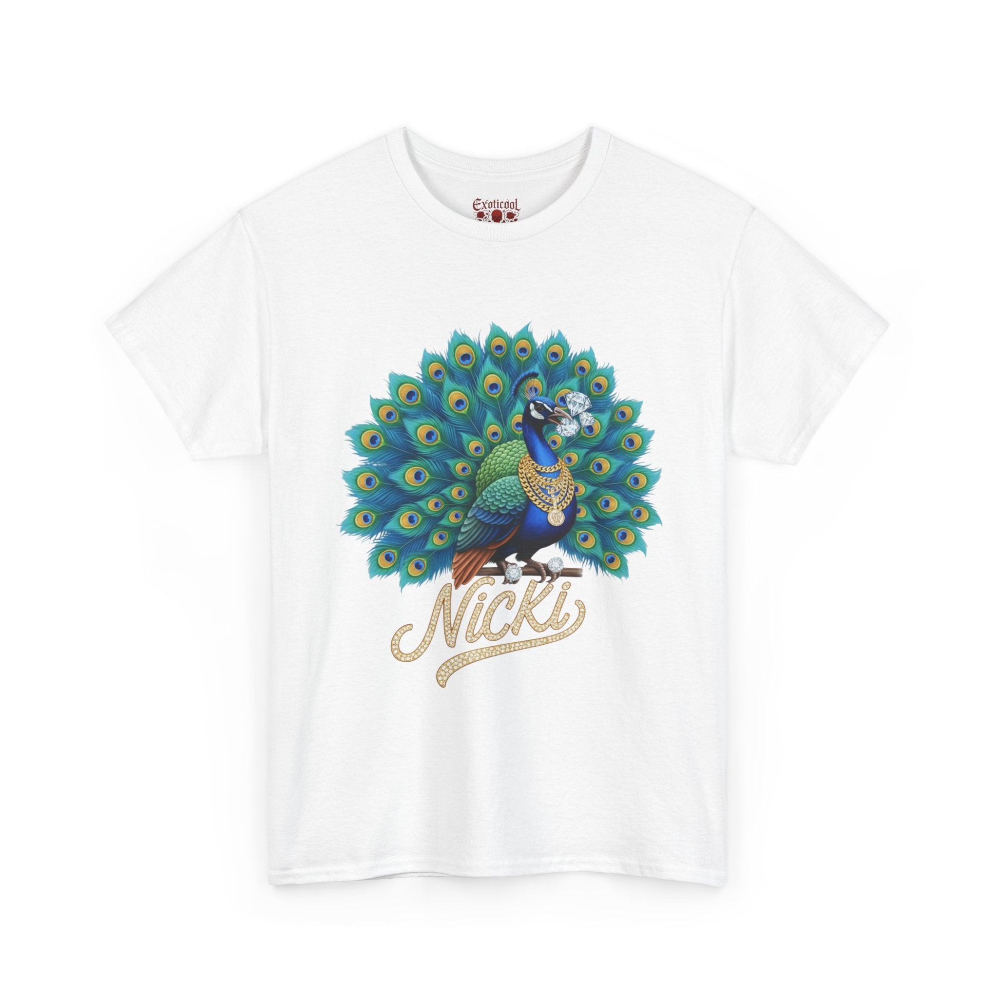 Peacock Pretty Pitbull Tee — Bold Peacock & ‘Nicki’ Graphic T-Shirt White