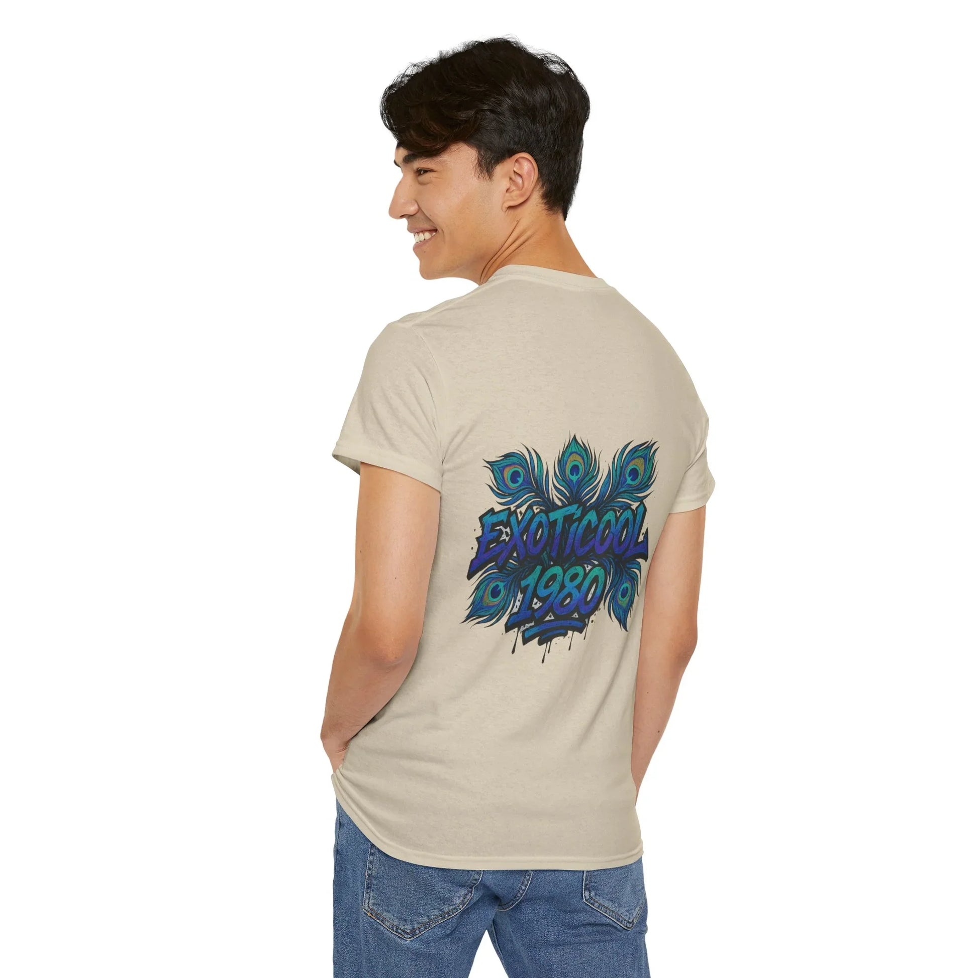 Man wearing beige EXOTICOOL 1980 t-shirt with peacock feather print on back