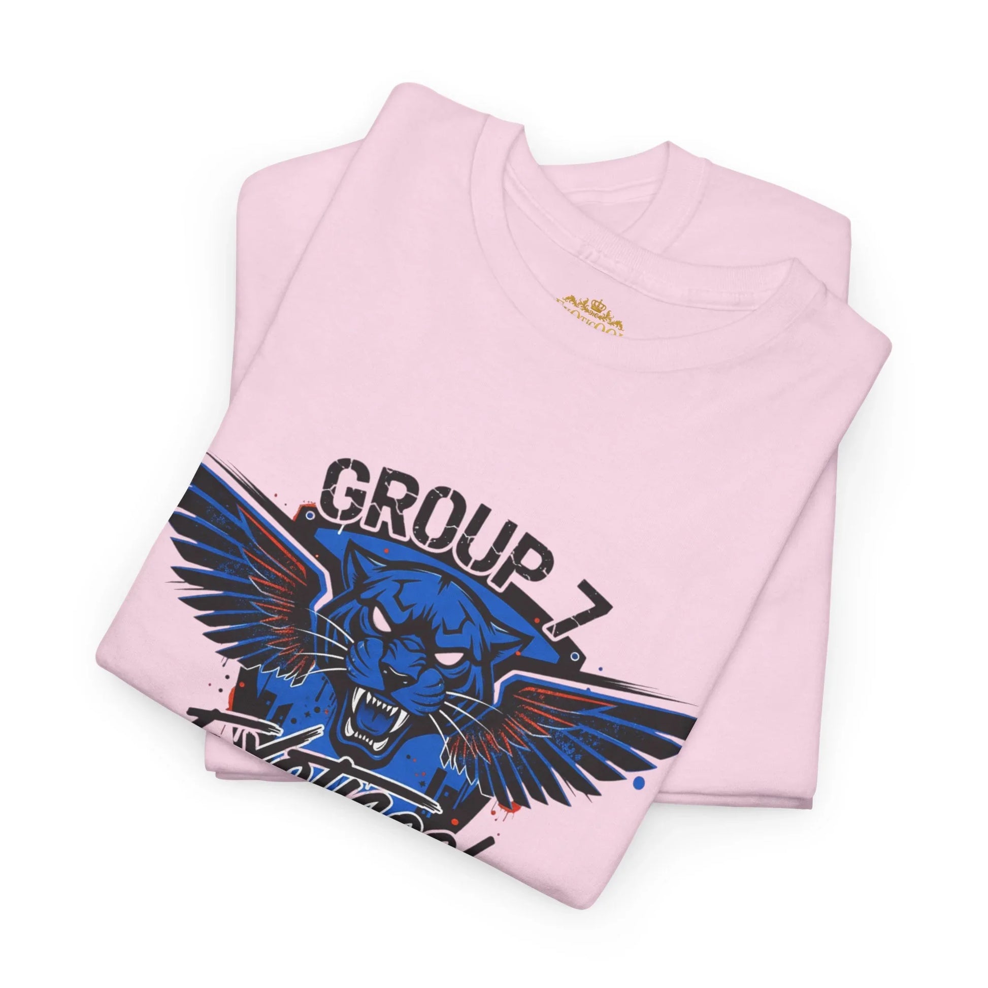 Folded pink t-shirt with GROUP 7 graphic, blue panther and wings design