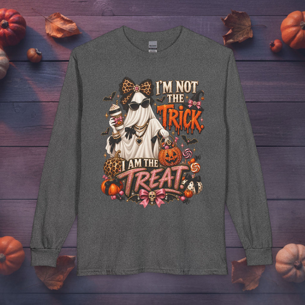 Charcoal I’m Not the Trick I Am the Treat Halloween long sleeve tee with glam ghost and pumpkin graphic