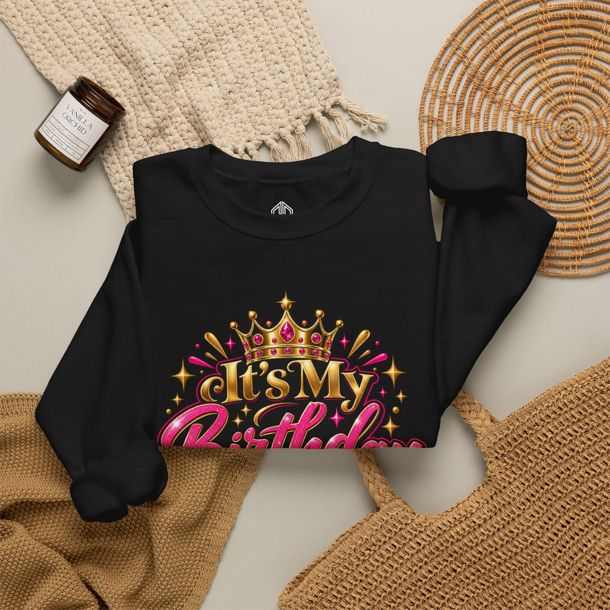 Black It’s My Birthday Behave Accordingly sweatshirt styled flat with accessories