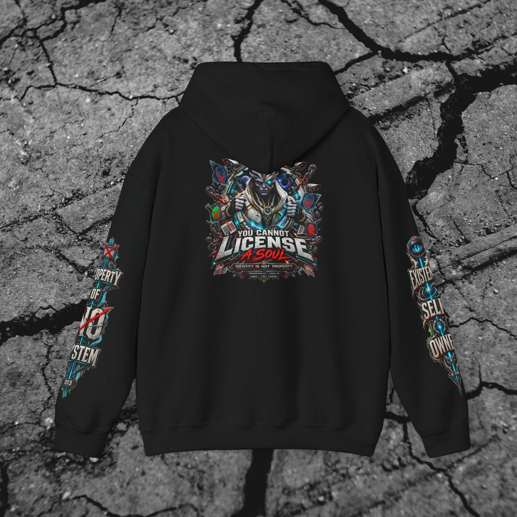 Front view of You Cannot License a Soul cyberpunk hoodie showing the chained anatomical heart chest graphic and printed sleeves