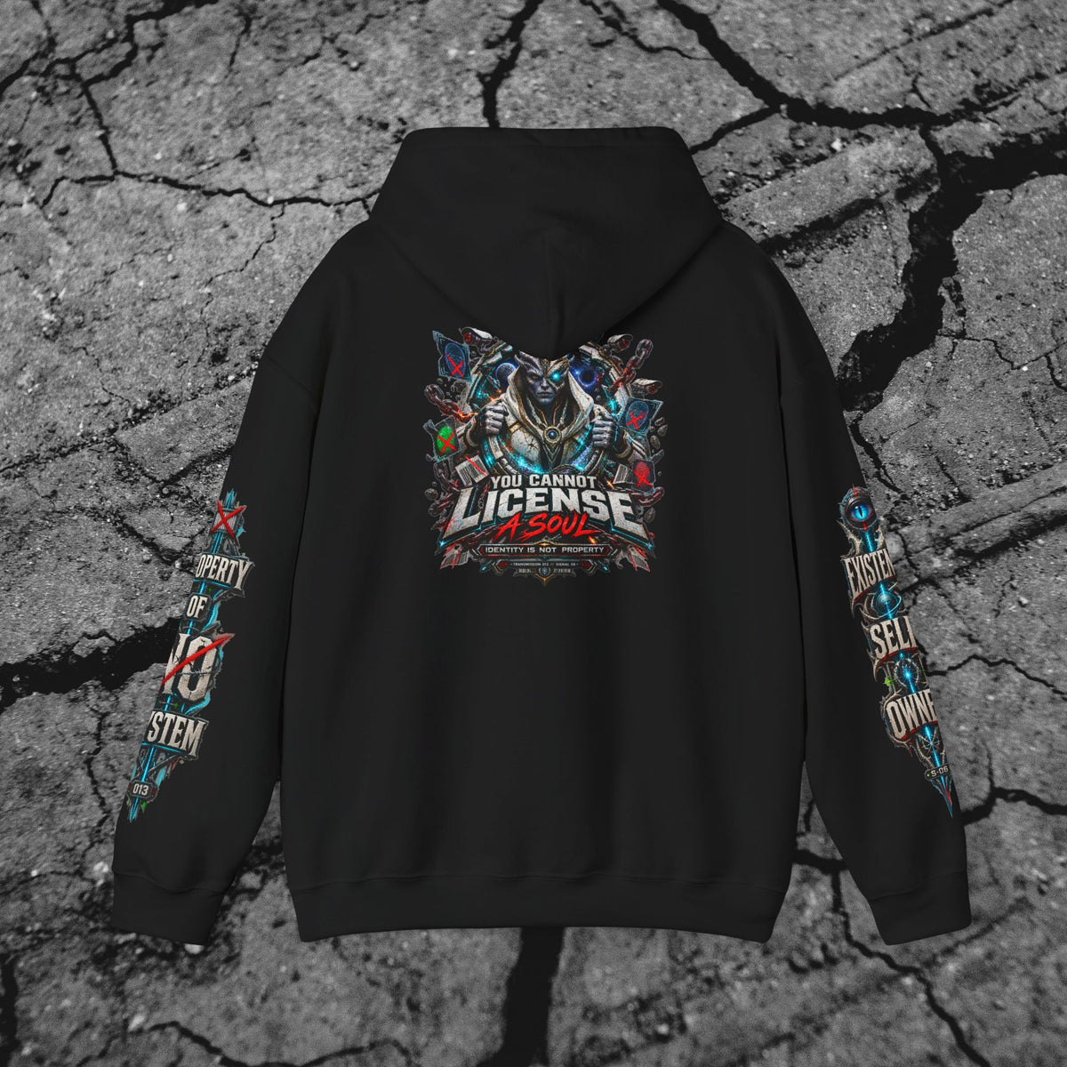 Front view of You Cannot License a Soul cyberpunk hoodie showing the chained anatomical heart chest graphic and printed sleeves