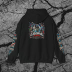 Front view of You Cannot License a Soul cyberpunk hoodie showing the chained anatomical heart chest graphic and printed sleeves