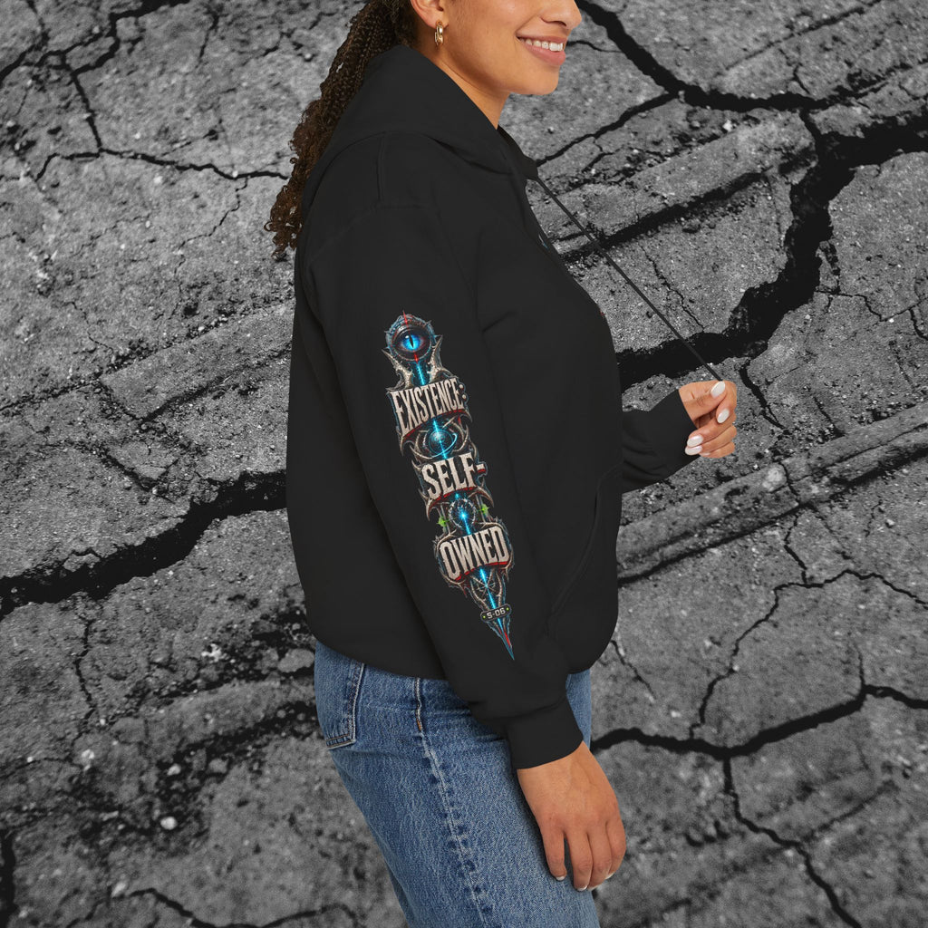 Side view of the cyberpunk hoodie showing the vertical Property of No System left-sleeve print