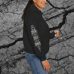 Side view of the cyberpunk hoodie showing the vertical Property of No System left-sleeve print