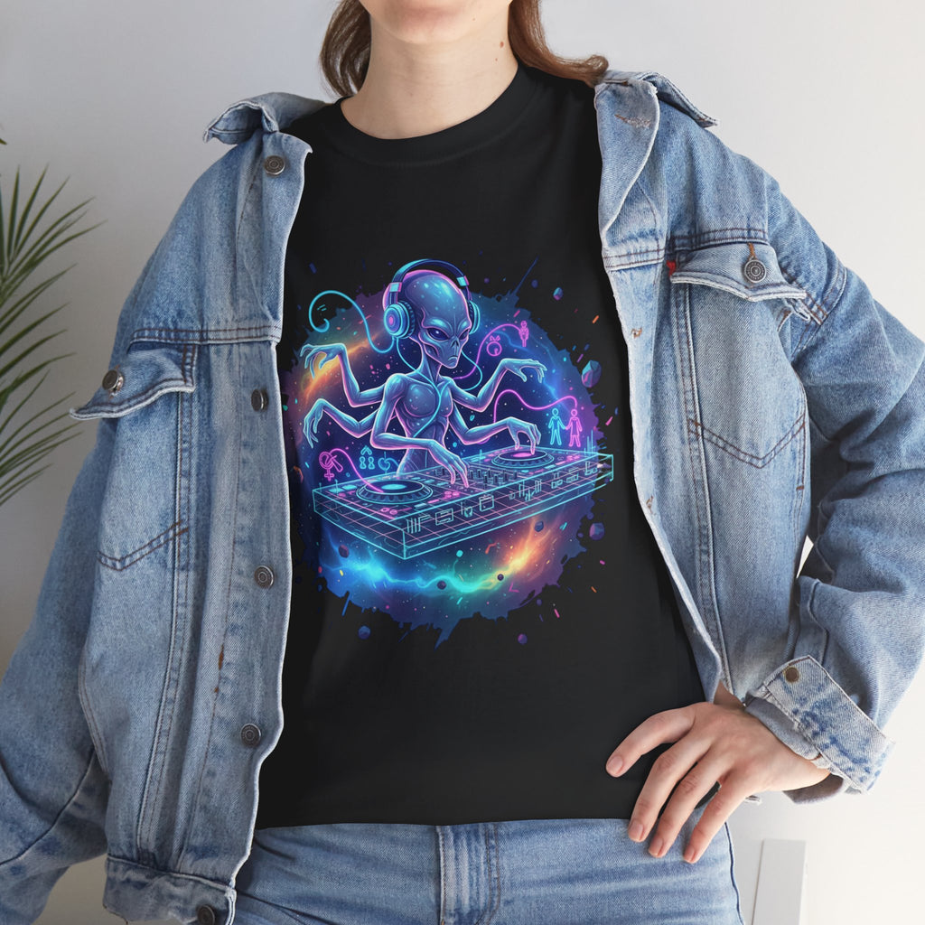 DJ ExoticCool Alien DJ T-Shirt — Neon Space Turntable Tee