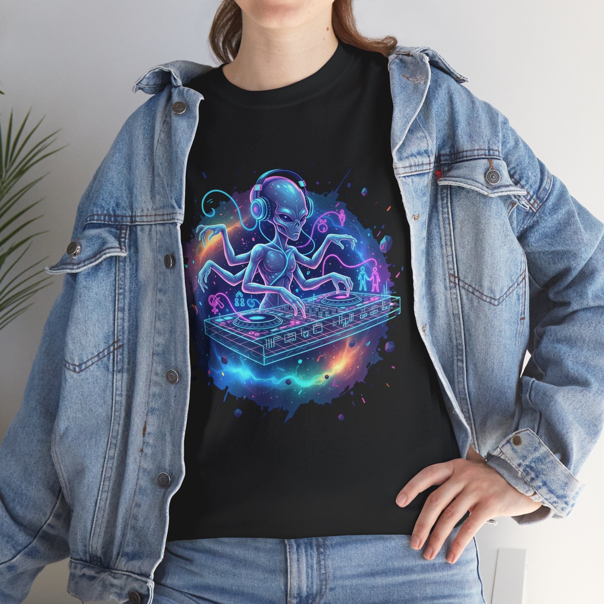 DJ ExoticCool Alien DJ T-Shirt — Neon Space Turntable Tee