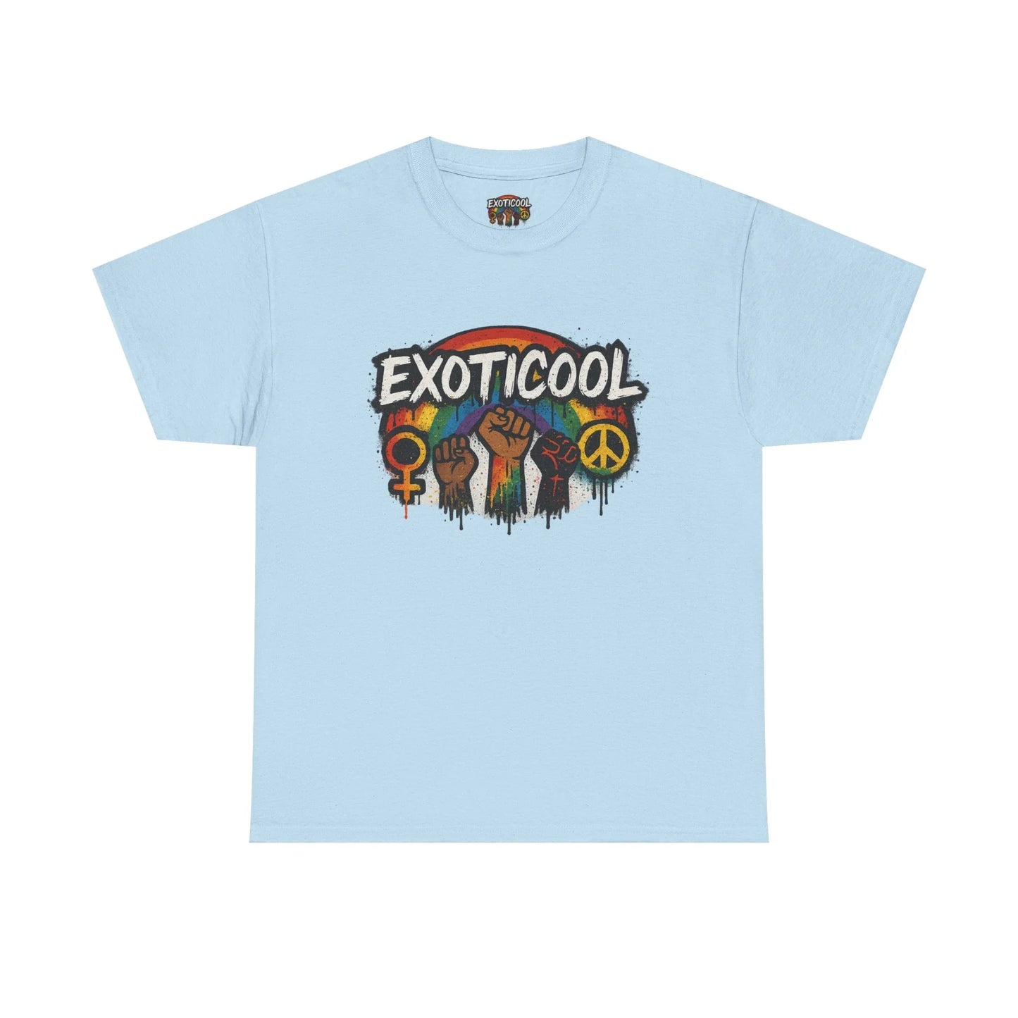 Light blue EXOTICOOL t-shirt with rainbow, raised fists, and equality symbols graphic