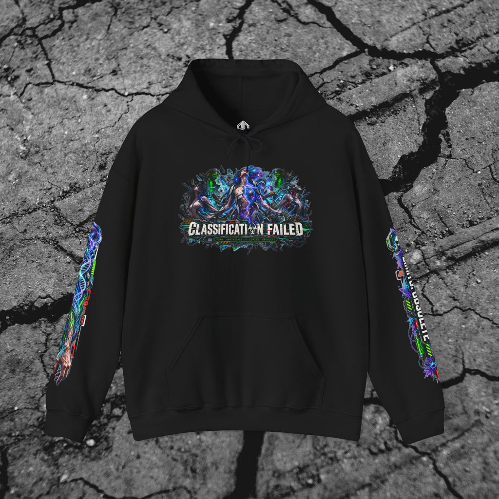 Front view of We Outgrew the System black cyberpunk hoodie featuring the wide Classification Failed chest graphic
