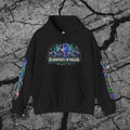 Front view of We Outgrew the System black cyberpunk hoodie featuring the wide Classification Failed chest graphic