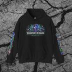 Front view of We Outgrew the System black cyberpunk hoodie featuring the wide Classification Failed chest graphic