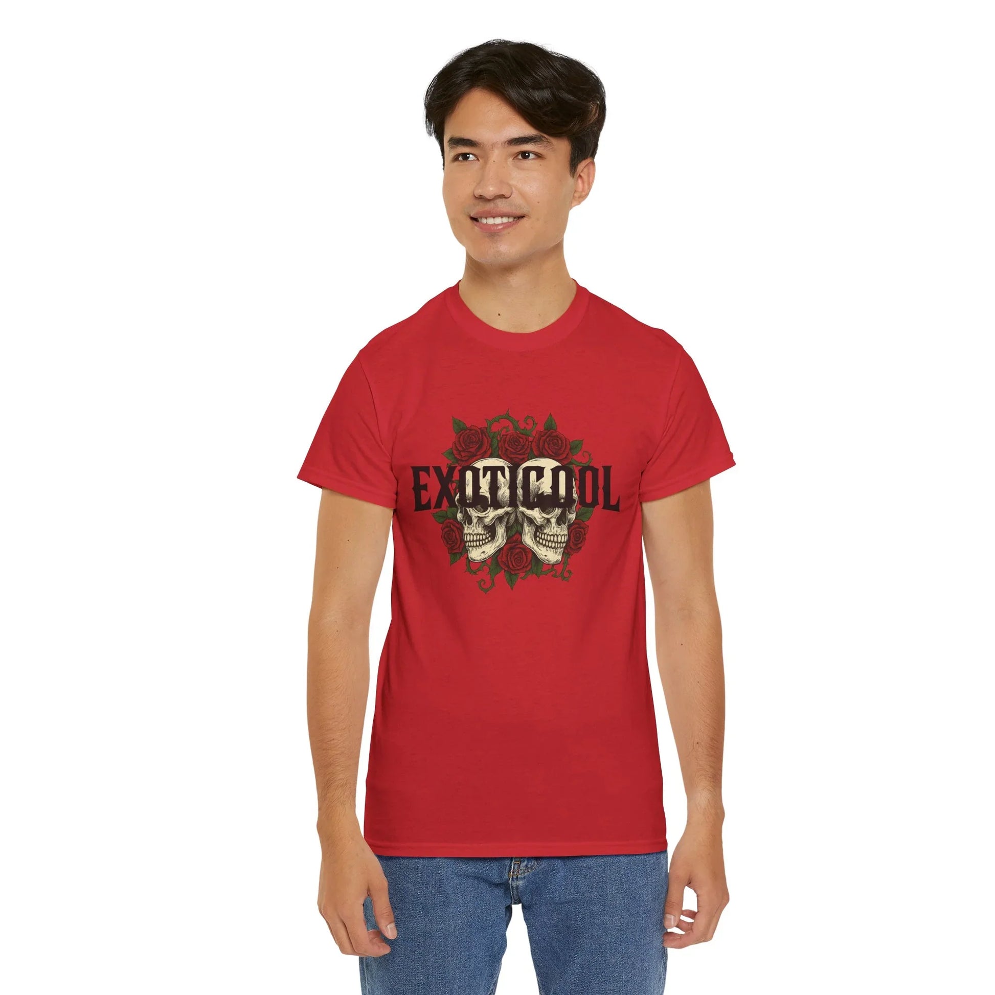 Man wearing red graphic t-shirt with skull and rose design, EXOTICOOL text, casual fashion