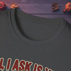 Close-up of neckline and print detail on the All I Ask Is You Creep It Real Halloween tee in dark heather