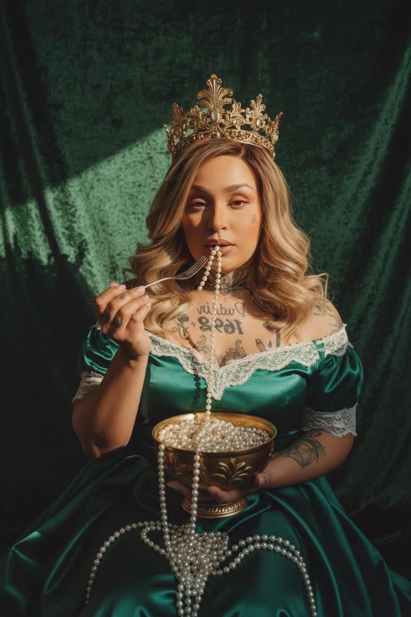 Juju Sanchez Colby wearing a jeweled crown and emerald green dress while holding a bowl of pearls for the Exoticool collaboration